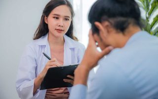 a doctor explains cognitive-behavioral therapy for addiction to this patient