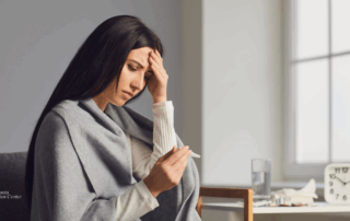 Woman wrapped in a blanket, holding her head in discomfort while looking at a pill, representing physical and emotional distress from Ativan withdrawal.